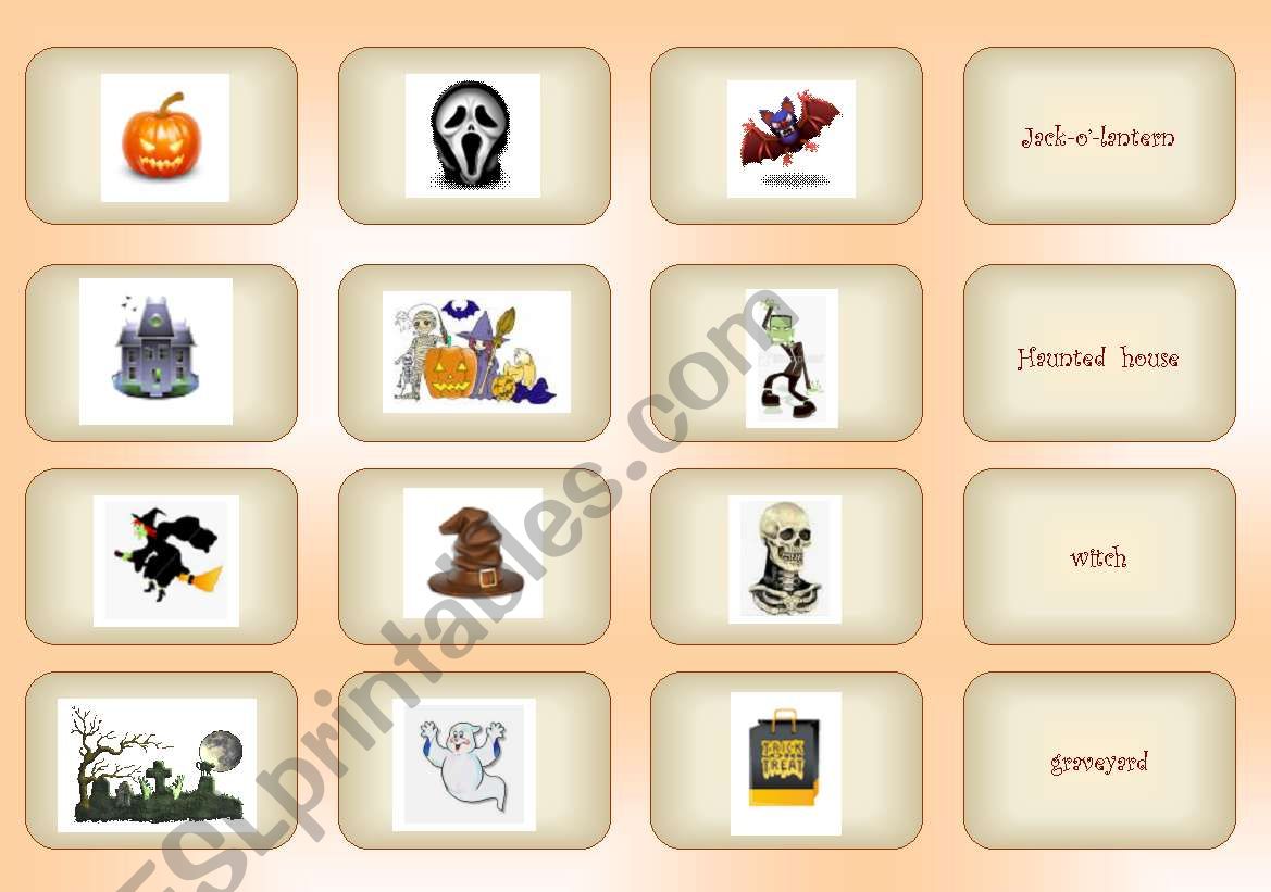 Set of 40 spooky Halloween cards (4 pages). Matching game. 