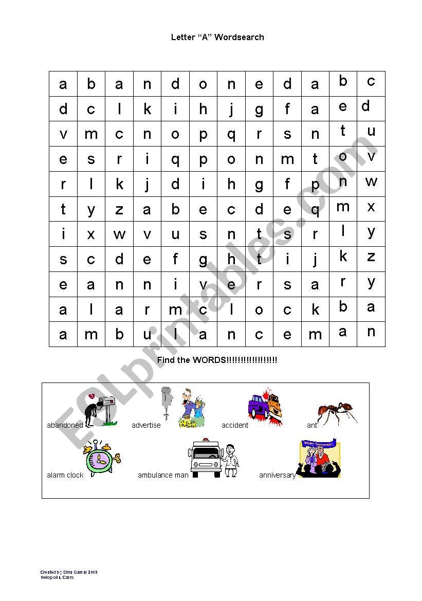 Letter A wordsearch worksheet