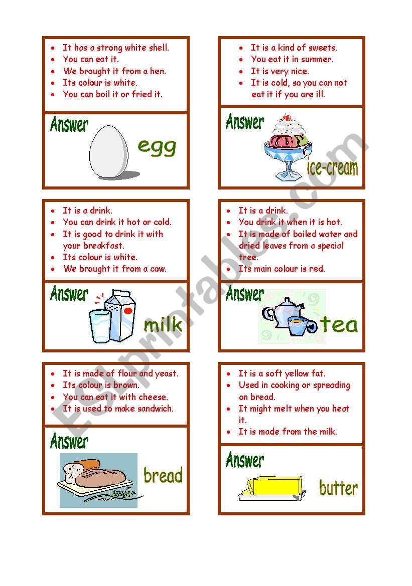 food activity cards worksheet