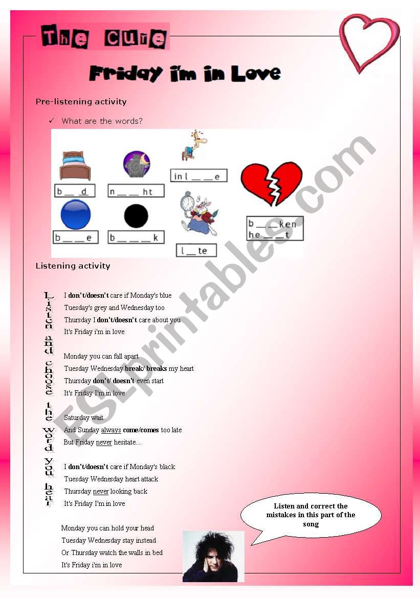 Song  Friday, Im in love - The Cure - Present simple/ Likes and dislikes  (Elementary and pre-intermediate)