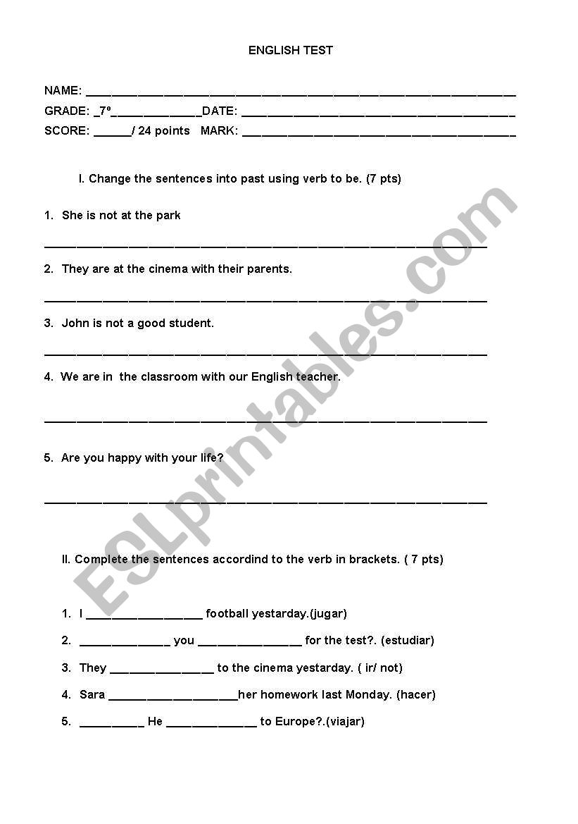 Simple paste tense test worksheet