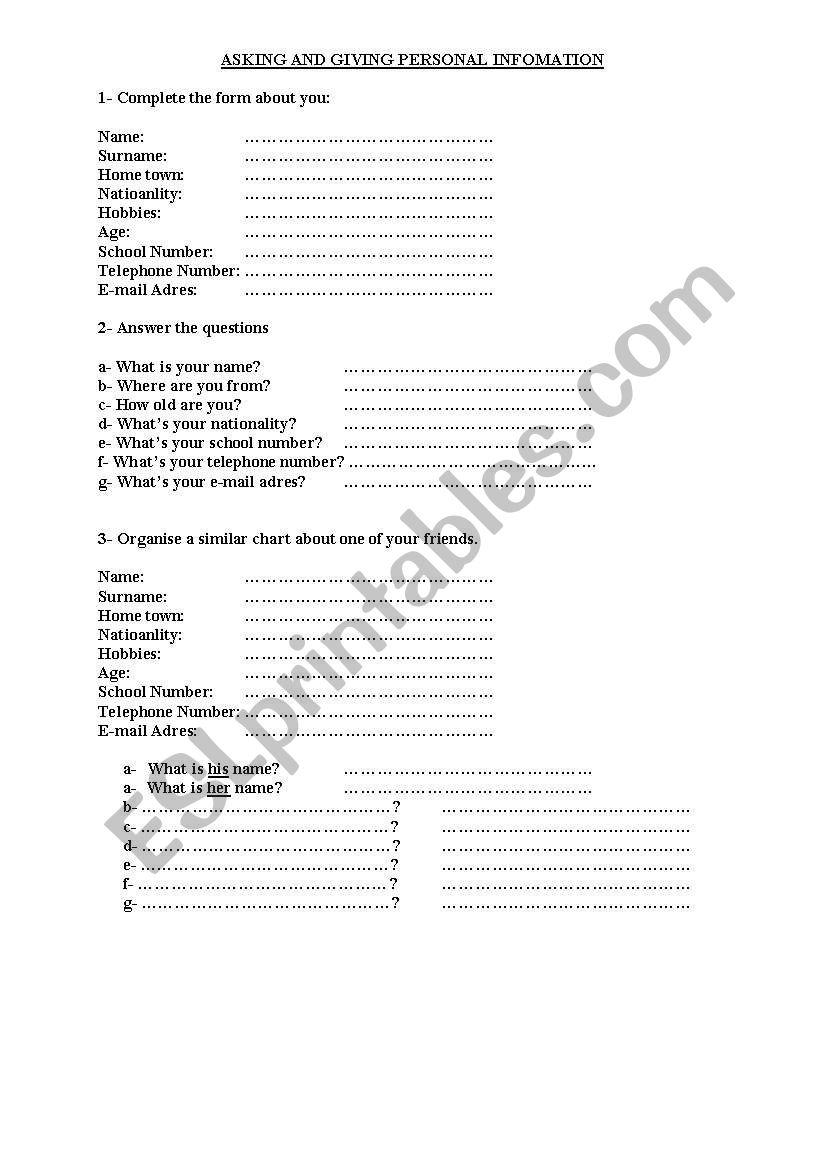 personal information worksheet