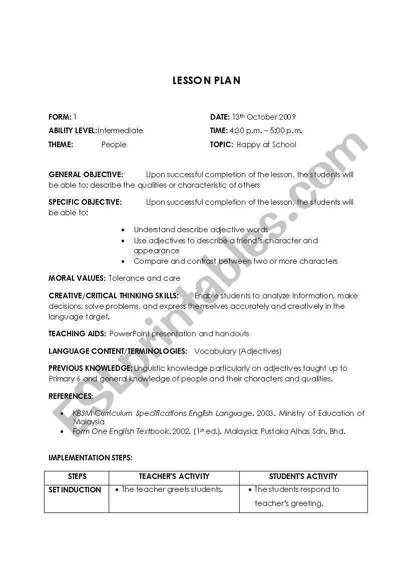 lesson plan - happy at school - describing a friends good qualities - adjectives