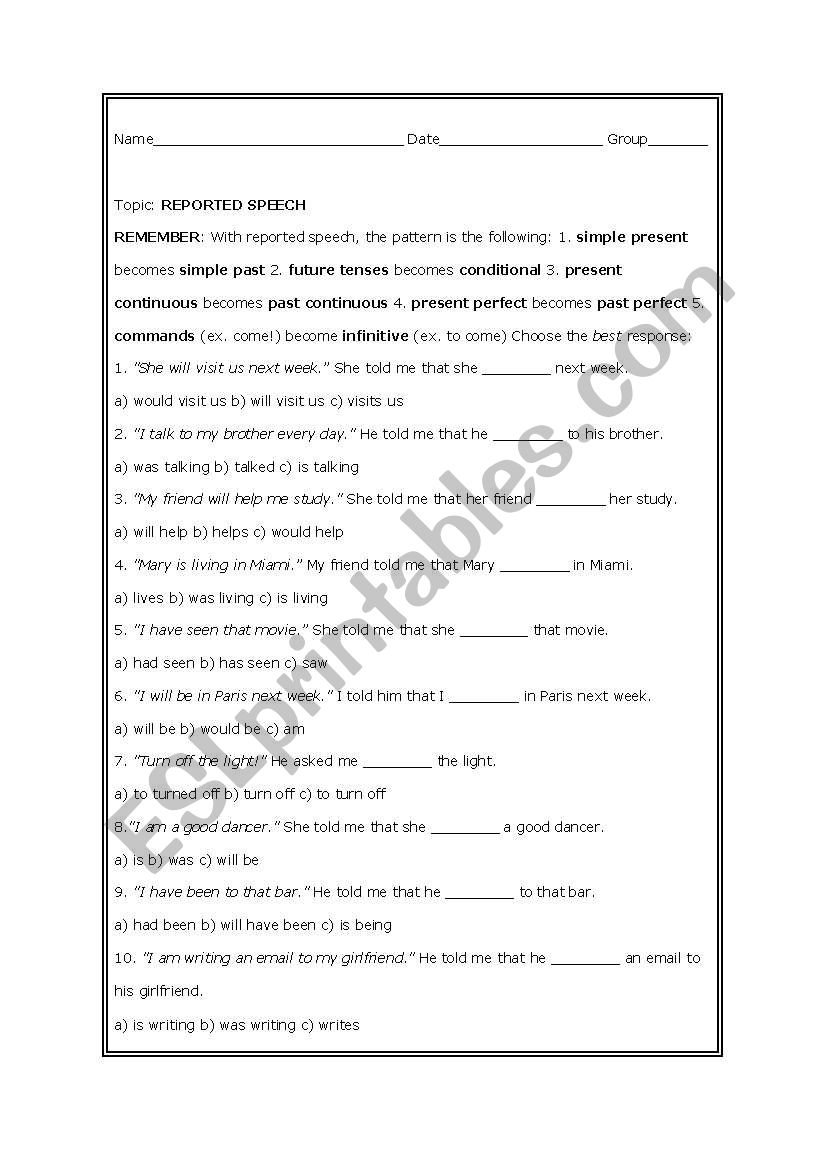 REPORTED SPEECH QUIZ worksheet