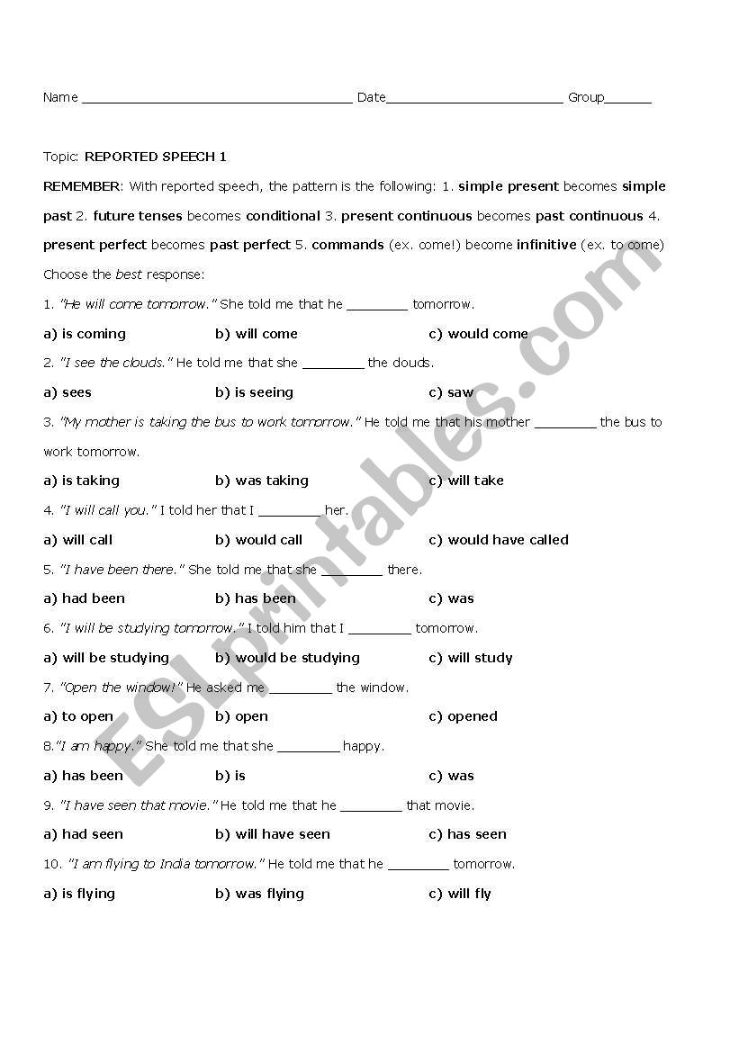 QUIZ REPORTED SPEECH2 worksheet