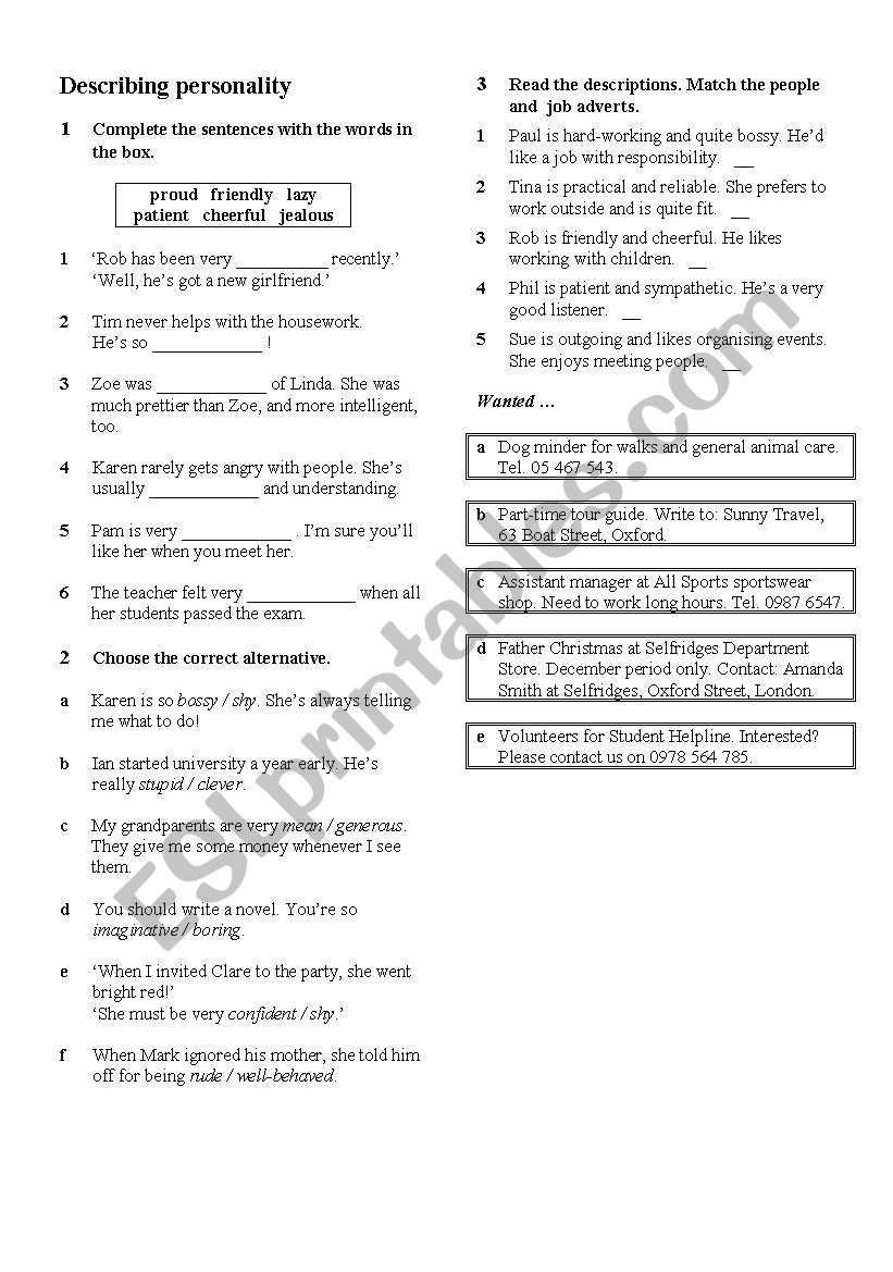 describing personality test--intermediate level