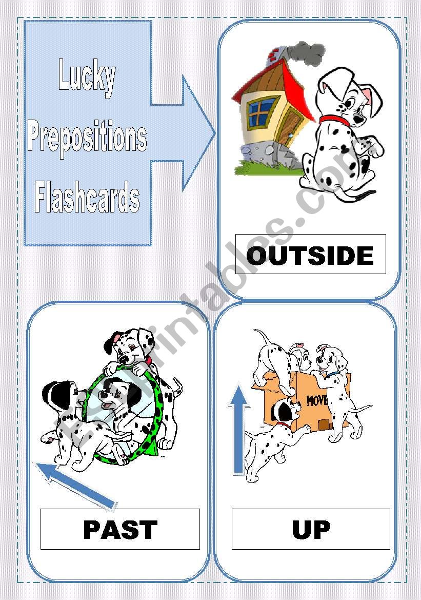 Luckyâ€™s Flashcards â€“ Prepositions of Place and Movement   25 Flashcards in two parts â€“ Part 2/2.    3 Pages