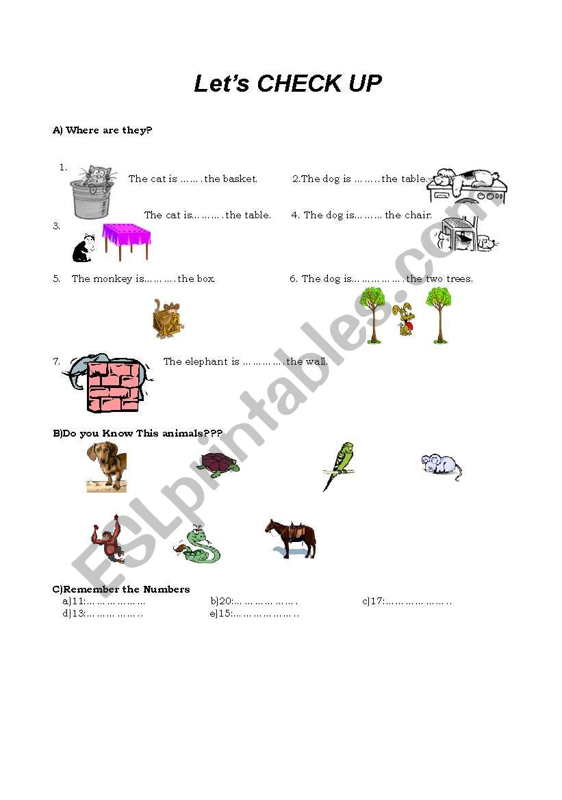 worksheet prepositions-animals-numbers