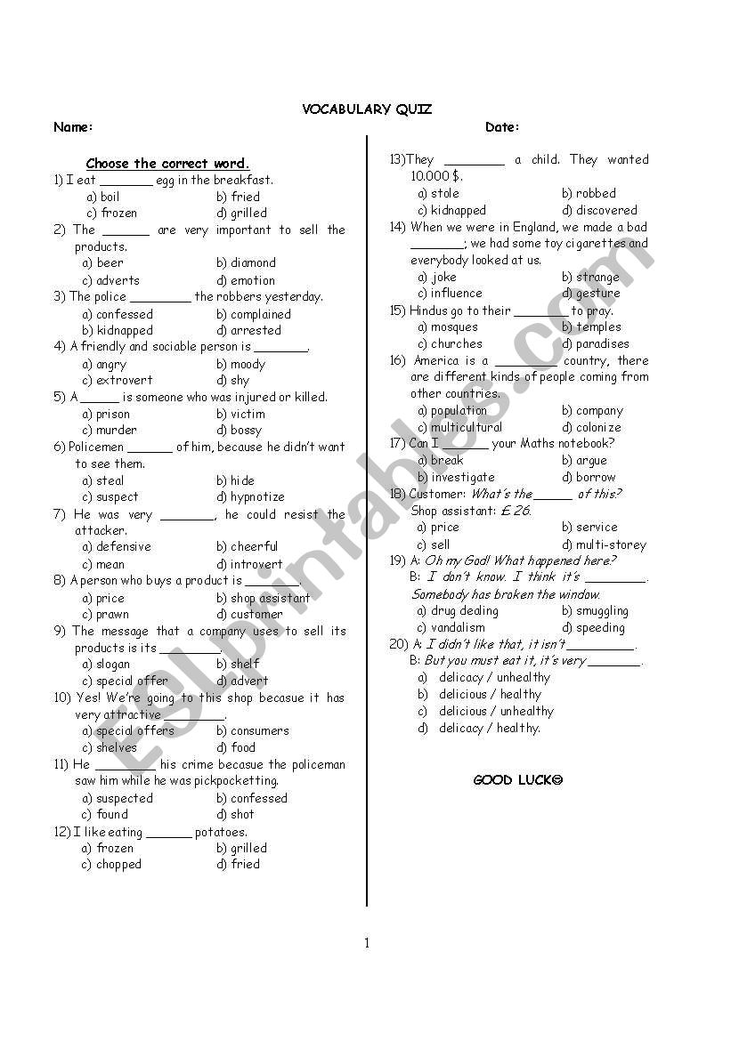 Vocabulary quiz worksheet