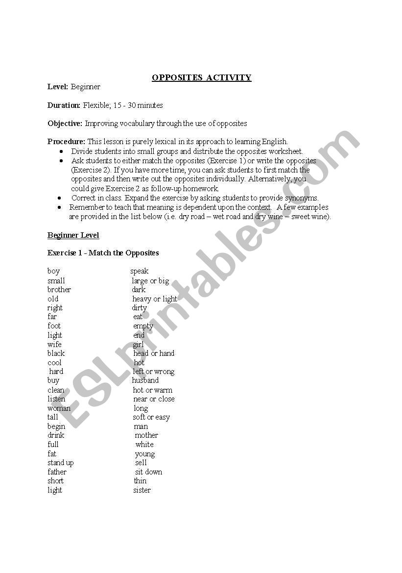 Opposites Activity worksheet