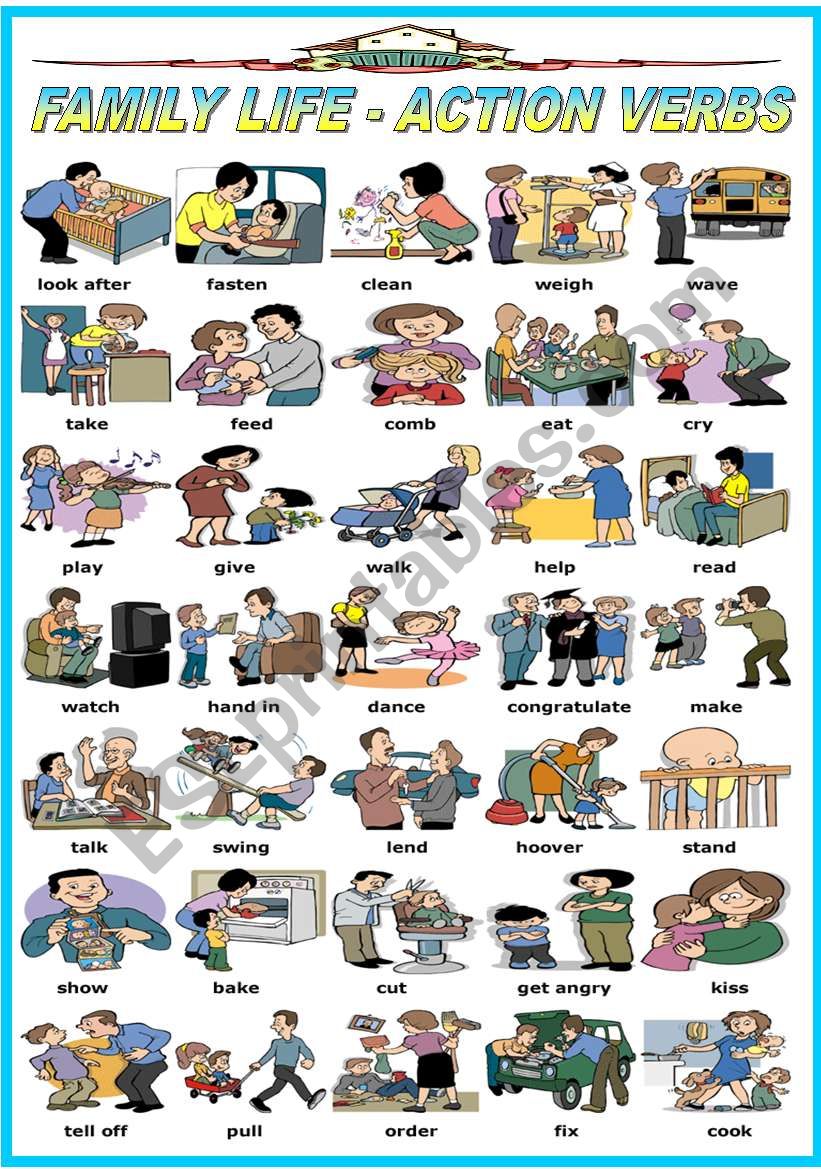 FAMILY LIFE - ACTION VERBS (B&W VERSION INCLUDED)