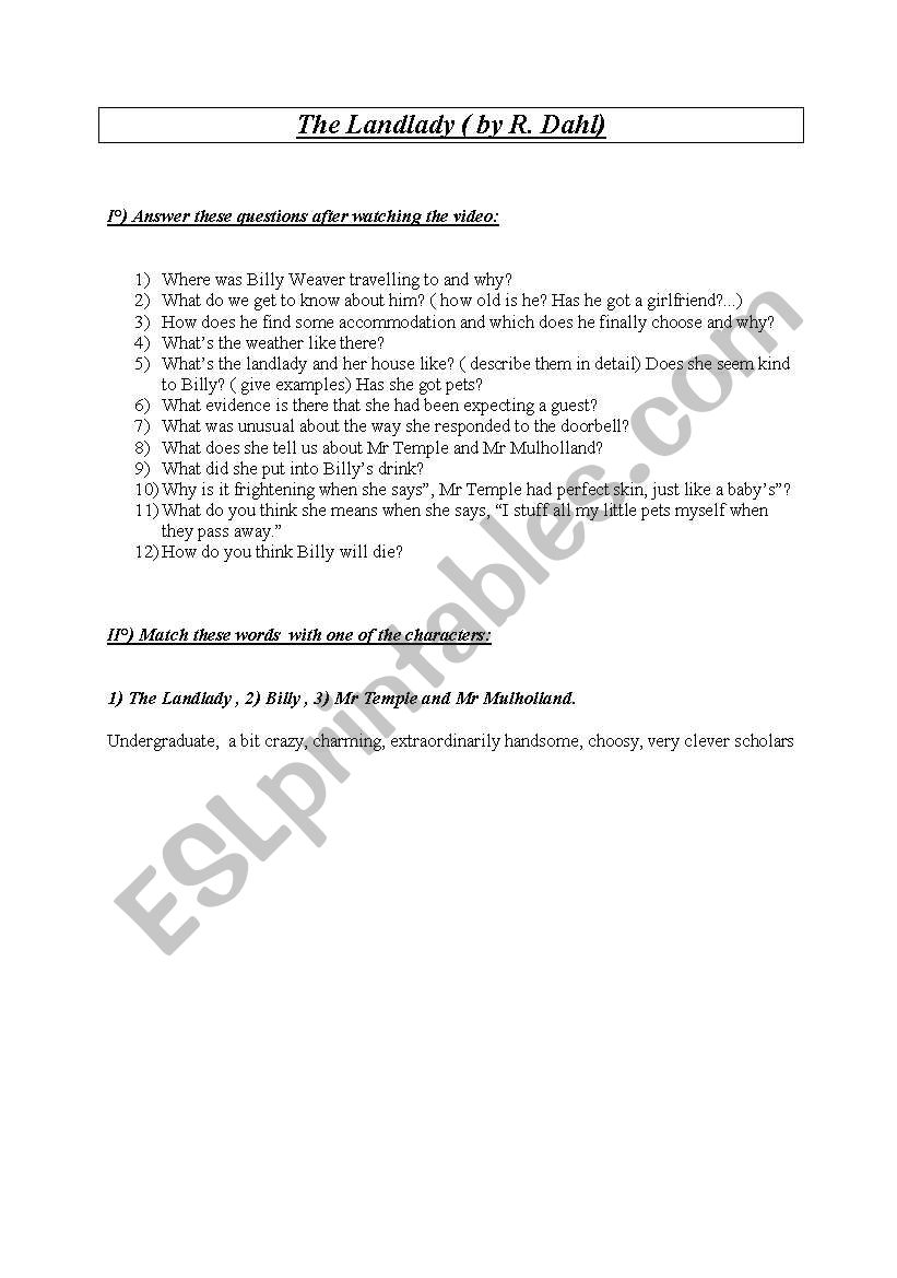 The Landlady worksheet