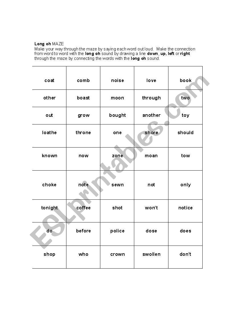 Long O Pronunciation Maze worksheet