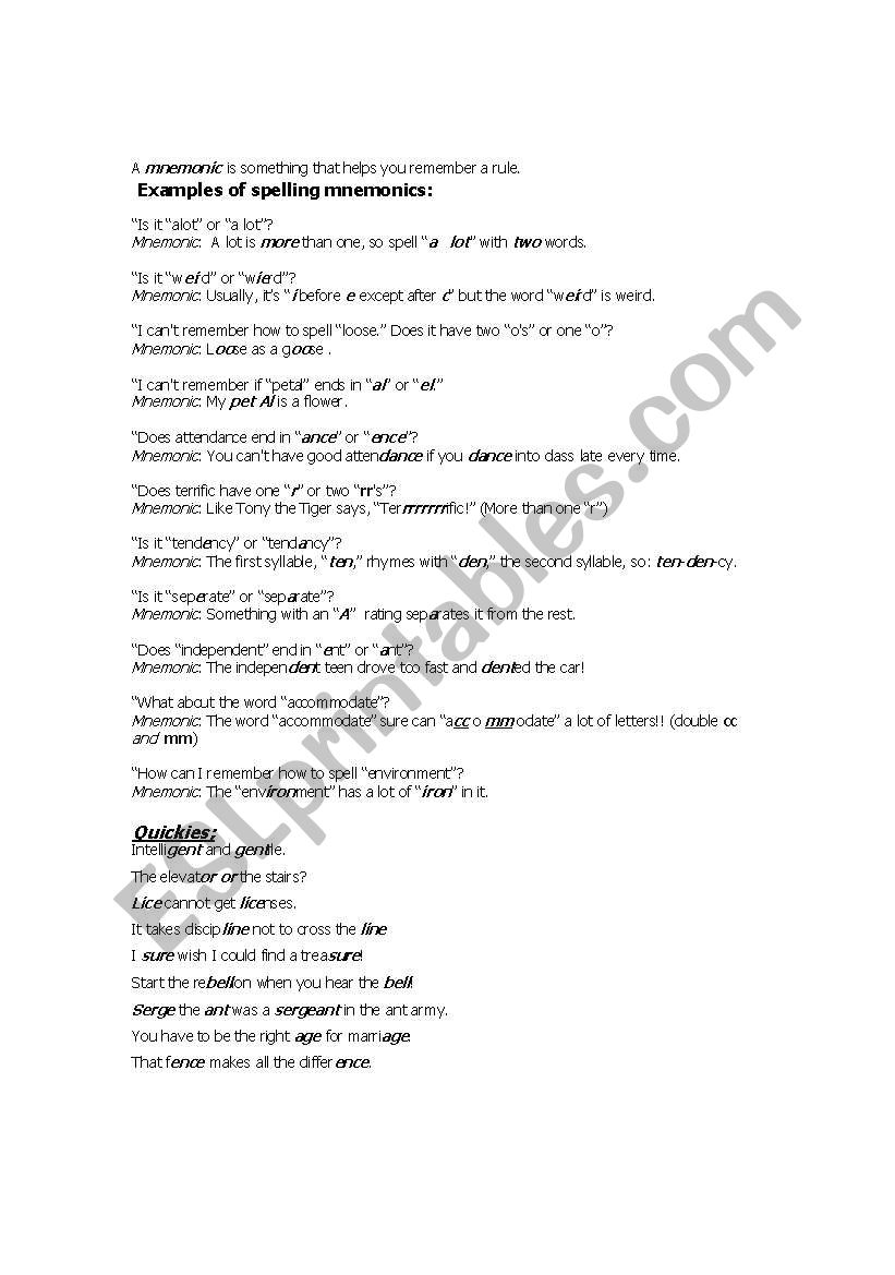 Examples of spelling mnemonics