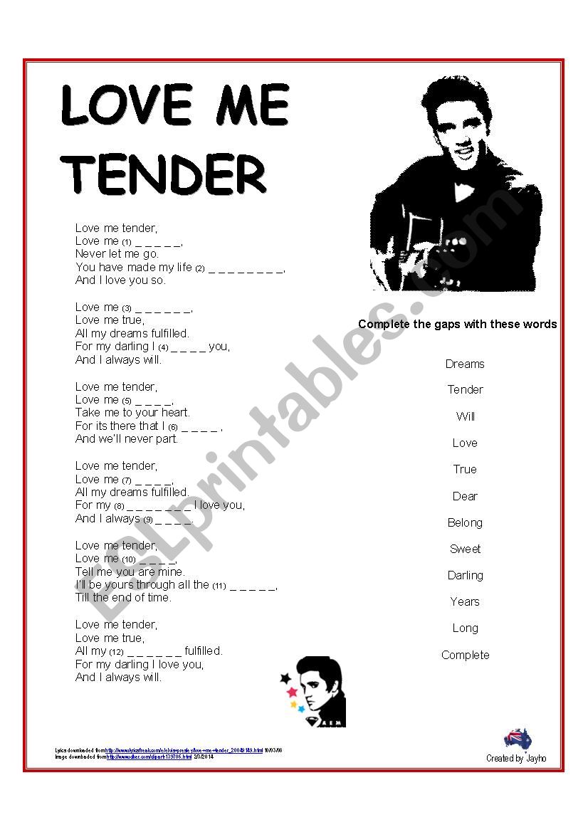 Song: Love Me Tender by Elvis (cloze)