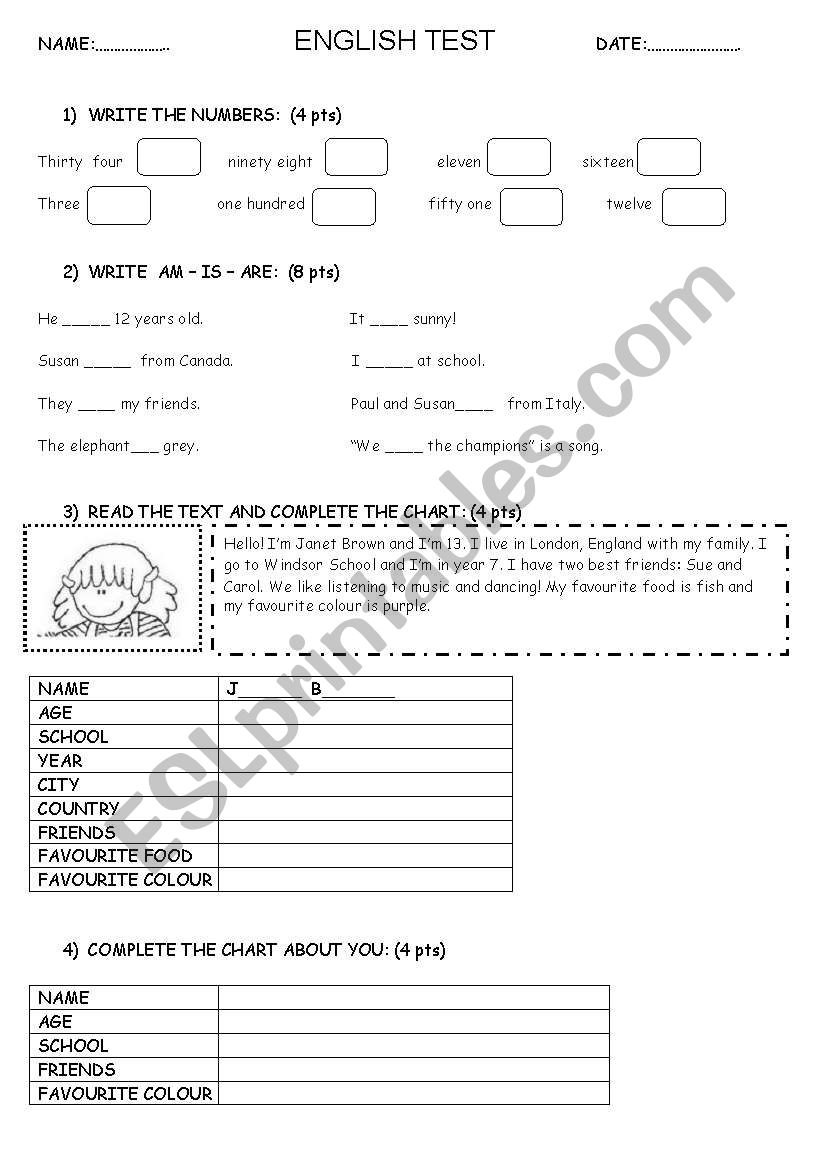 easy test to revise verb to be(affirm), numbers & text to read and complete