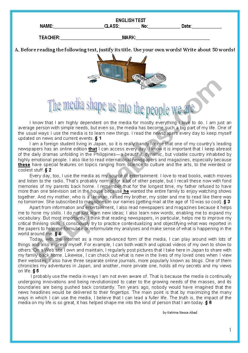 TEST:The Media shape us into the people we are