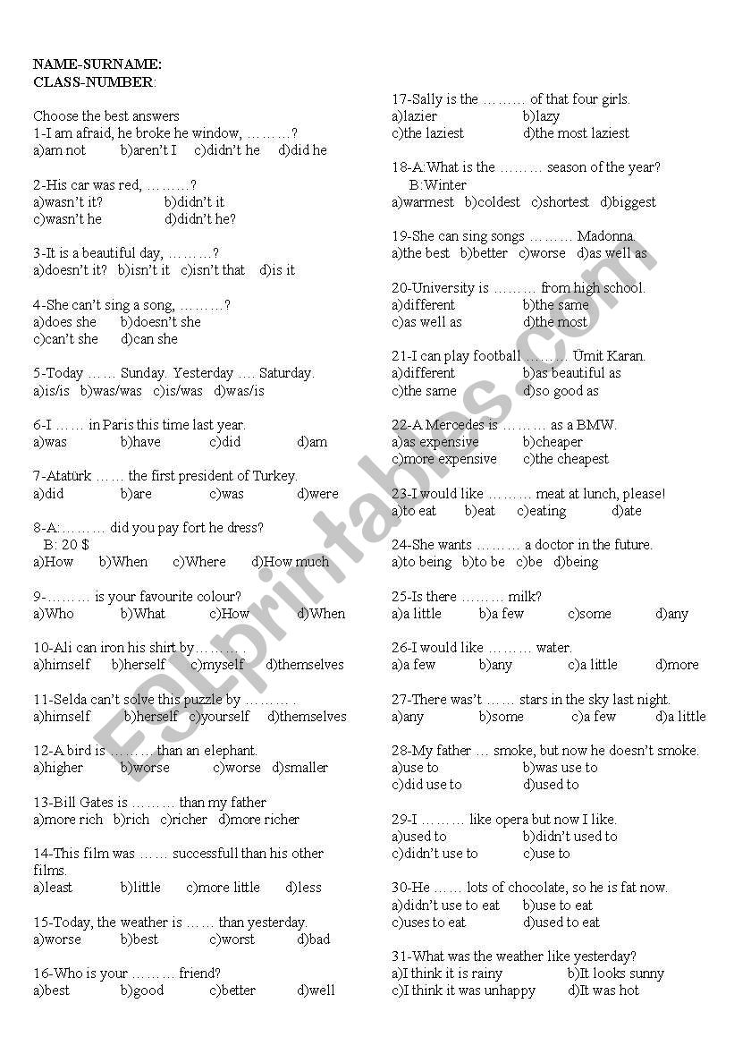 Revision test for elementary students.