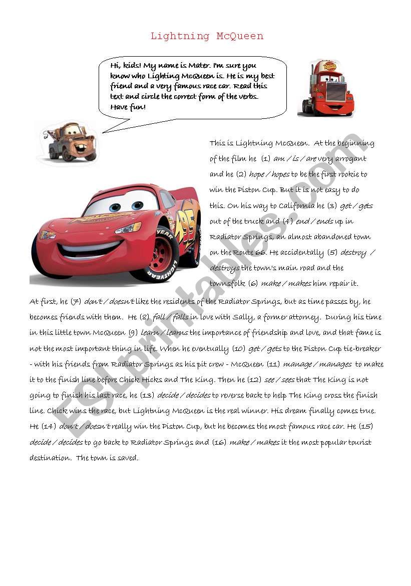 Lightning McQueen - reading - present simple tense