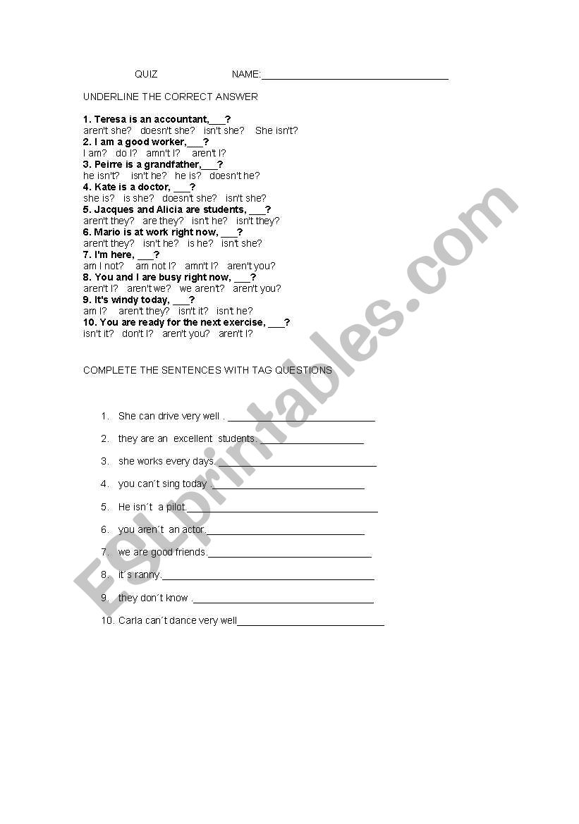 TAG QUESTION worksheet