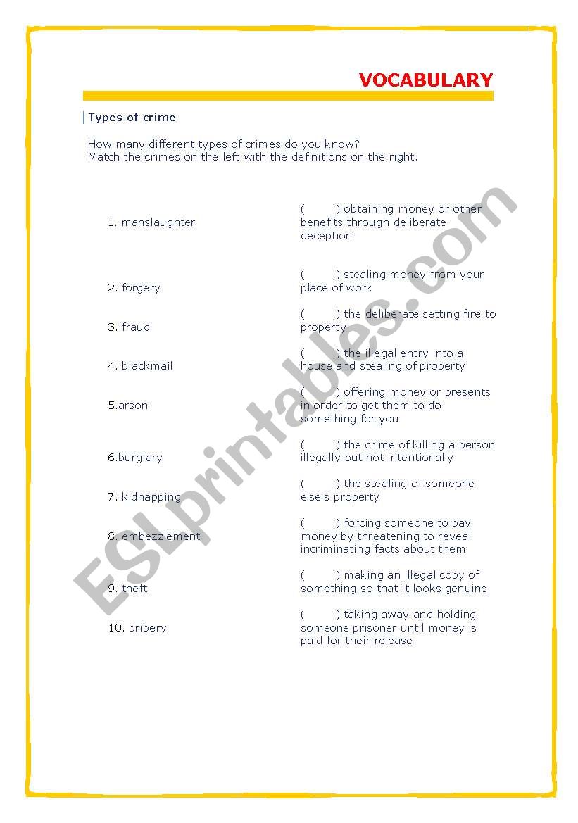 Crimes worksheet