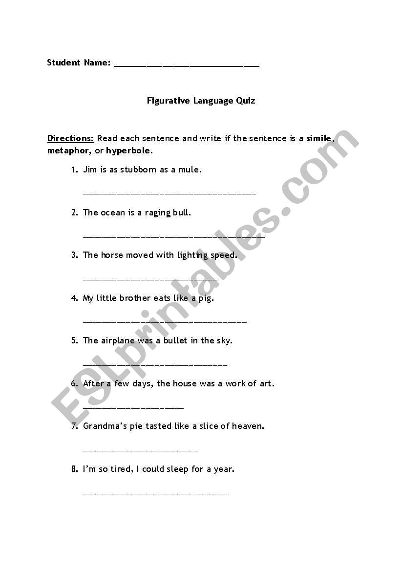 Figurative Language Quiz worksheet