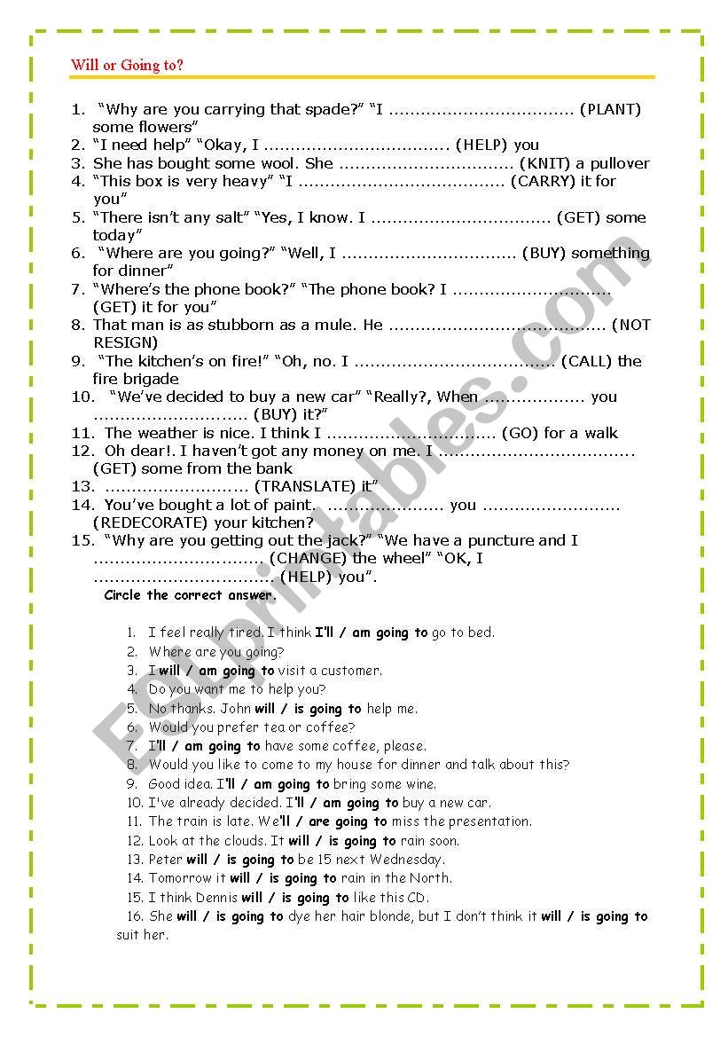 will or going to worksheet