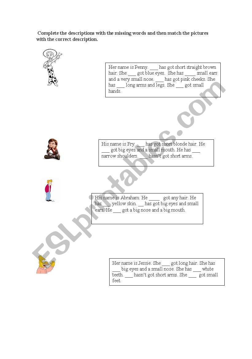 Description parts of the body worksheet