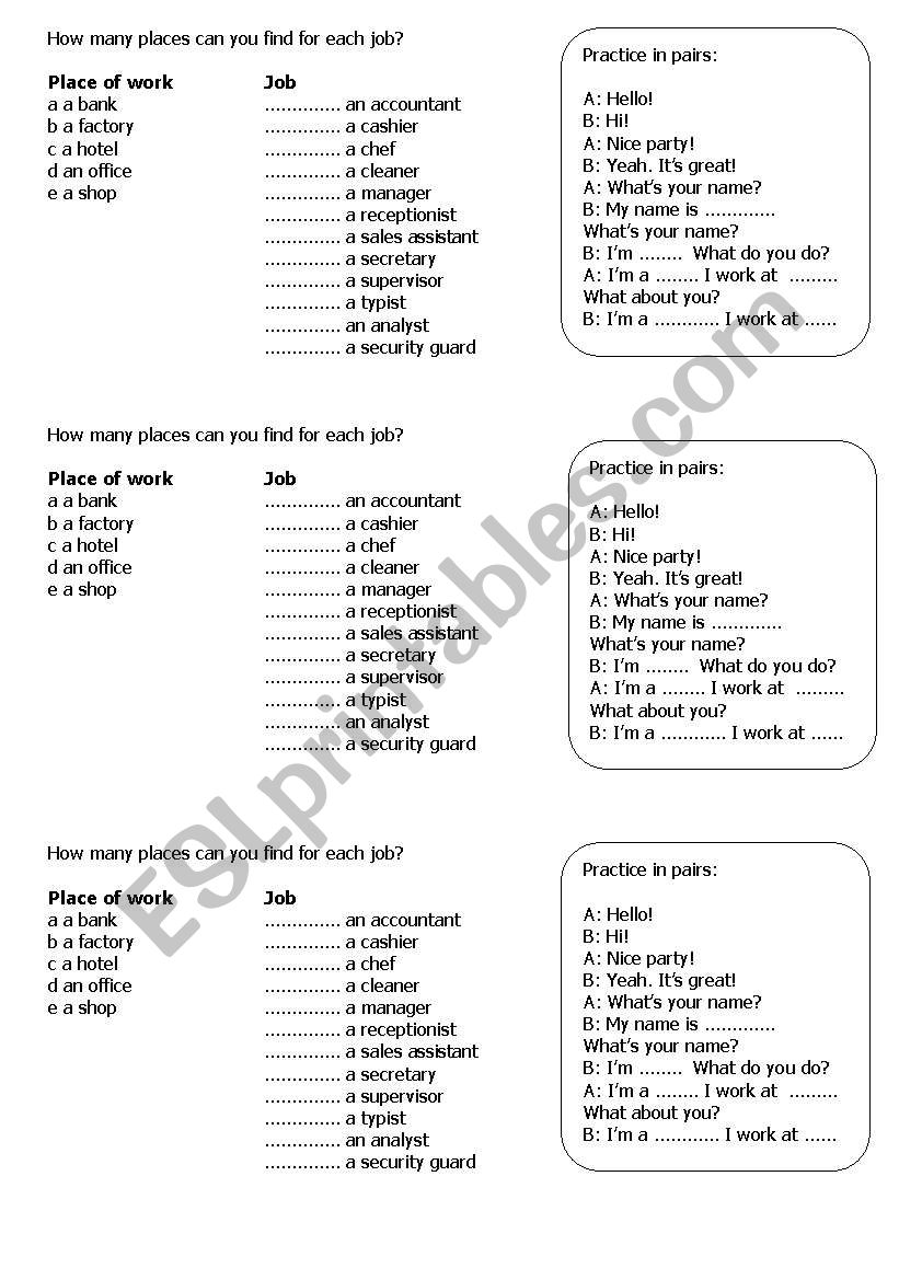 Jobs and workplaces worksheet