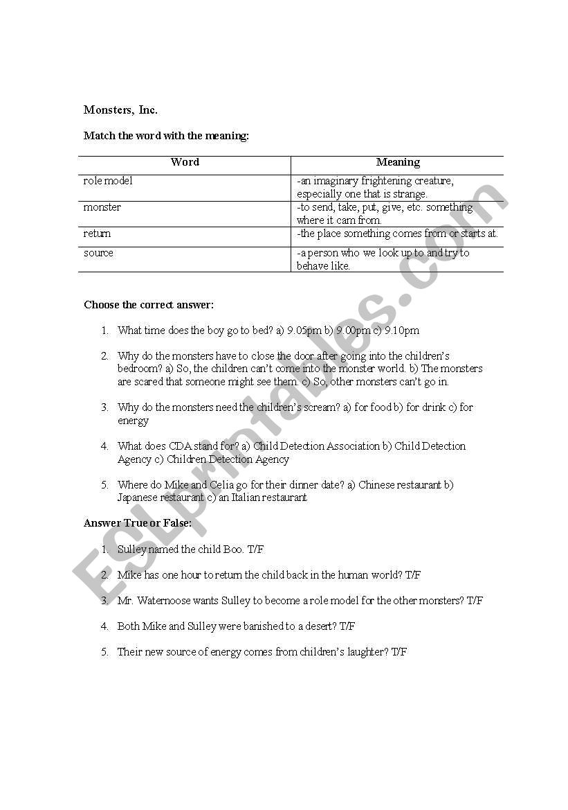 Monsters Inc Movie Lesson worksheet