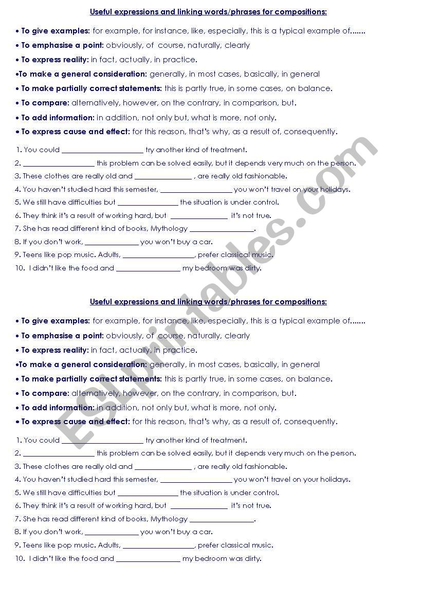 Useful vocabulary and linking words for compositions