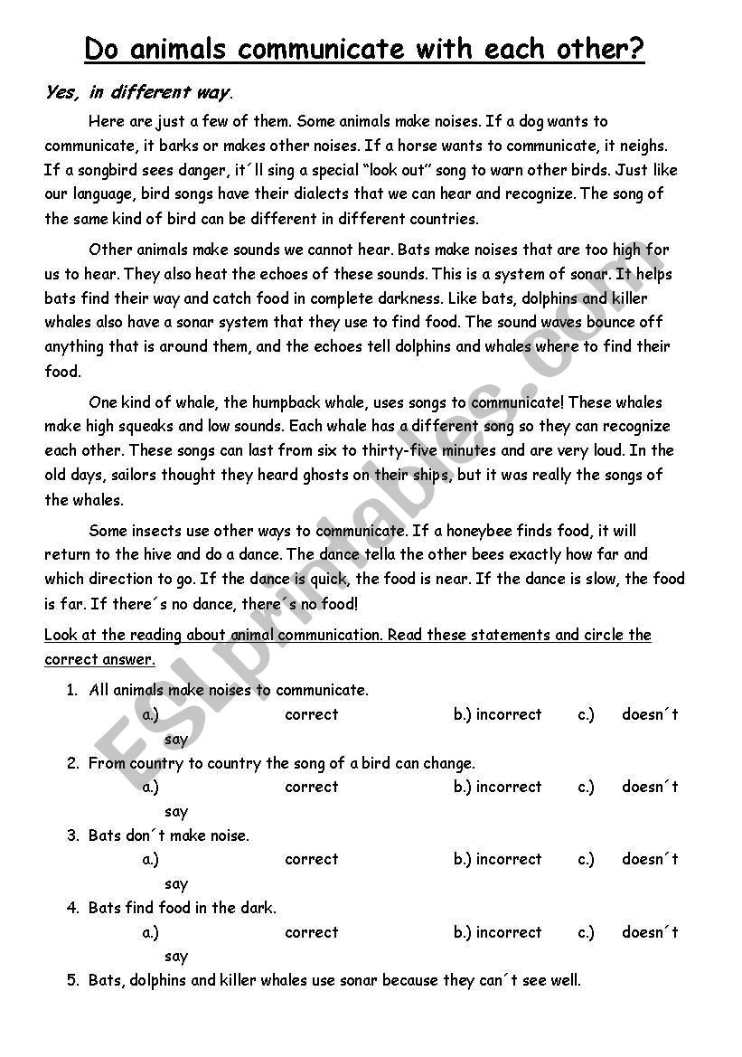 Do animals communicate with each other? - ESL worksheet by huichovilla