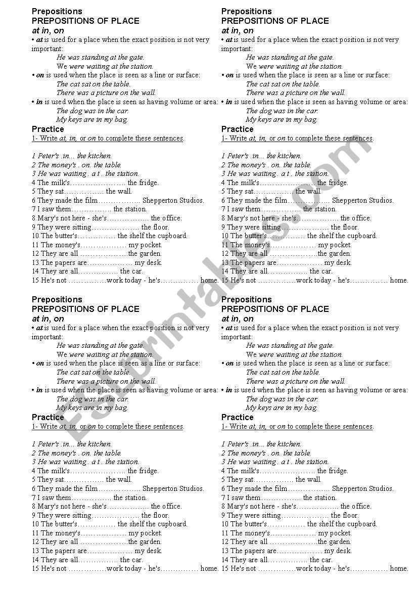 place prepositions worksheet