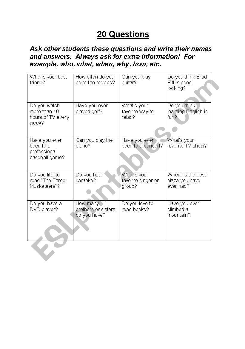 20 Questions worksheet