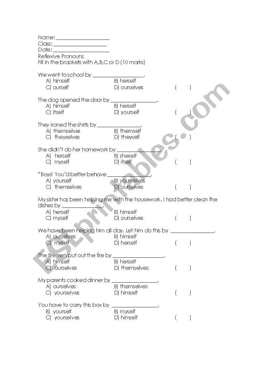 Reflexive Pronouns worksheet