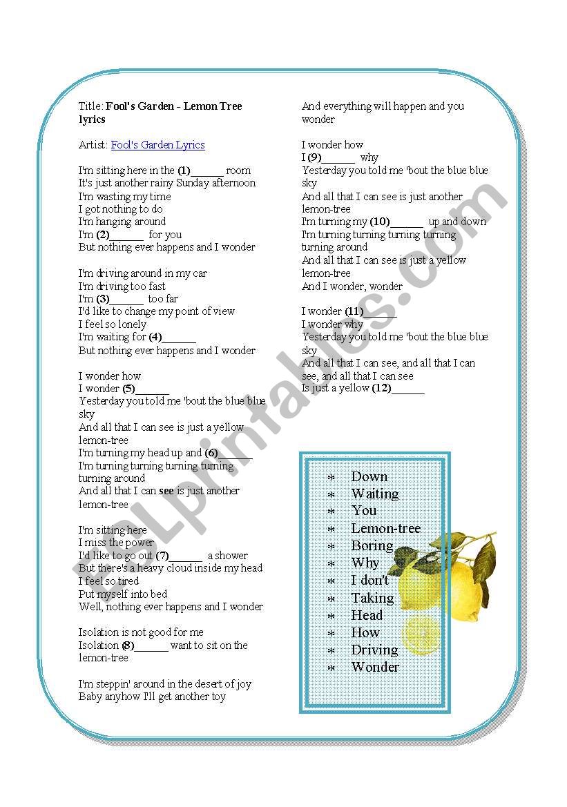 Lemon Tree Lyrics worksheet