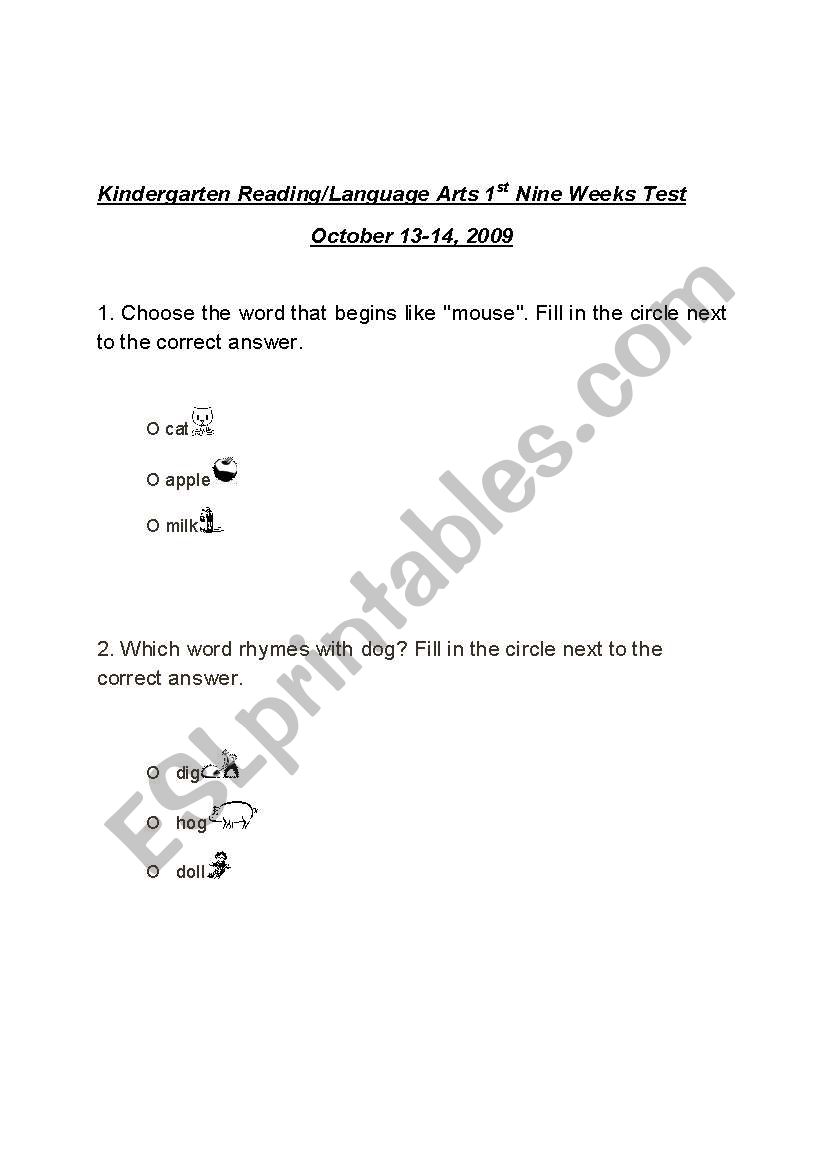 Reading/Language Arts 1st Nine Weeks Test