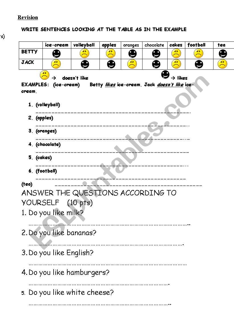 worksheet for liles and dislike