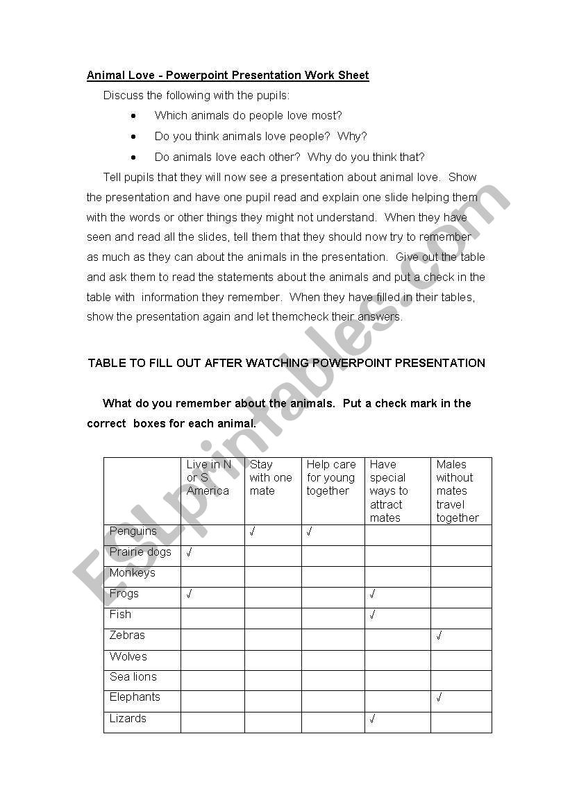 Animal Love - worksheet for Animal Love Powerpoint Presentation