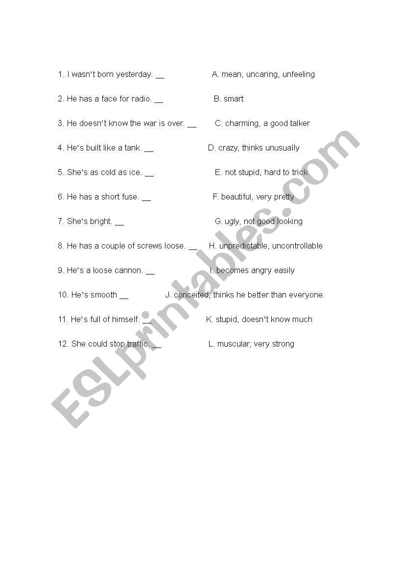 Idioms that describe people worksheet