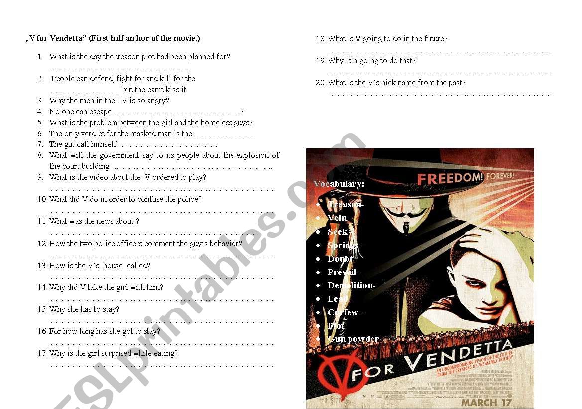 Movie lesson- V for Vendetta worksheet