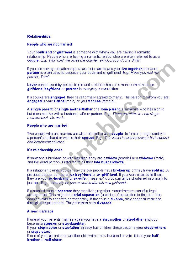 Relationships worksheet