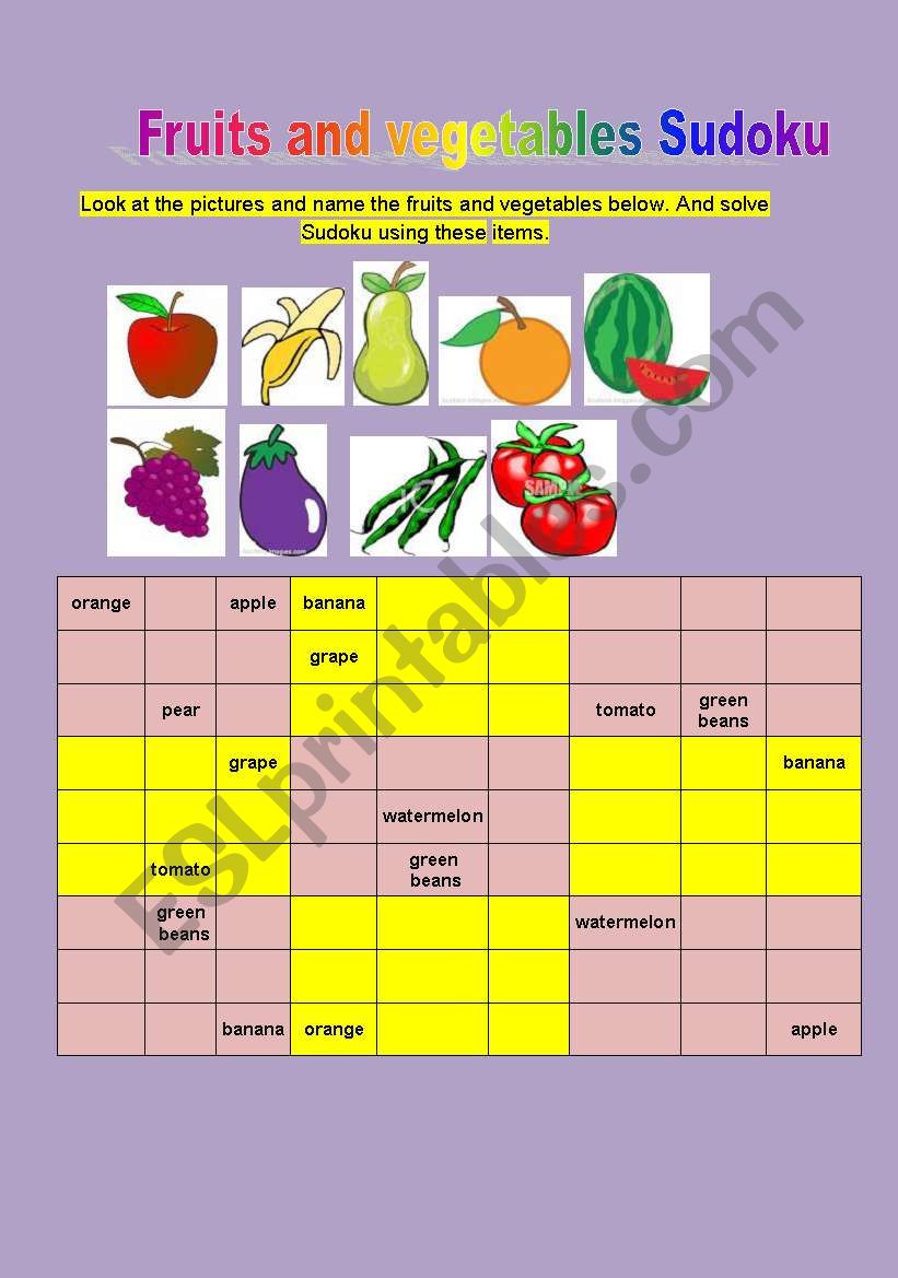 Fruits and Vegetables Sudoku worksheet