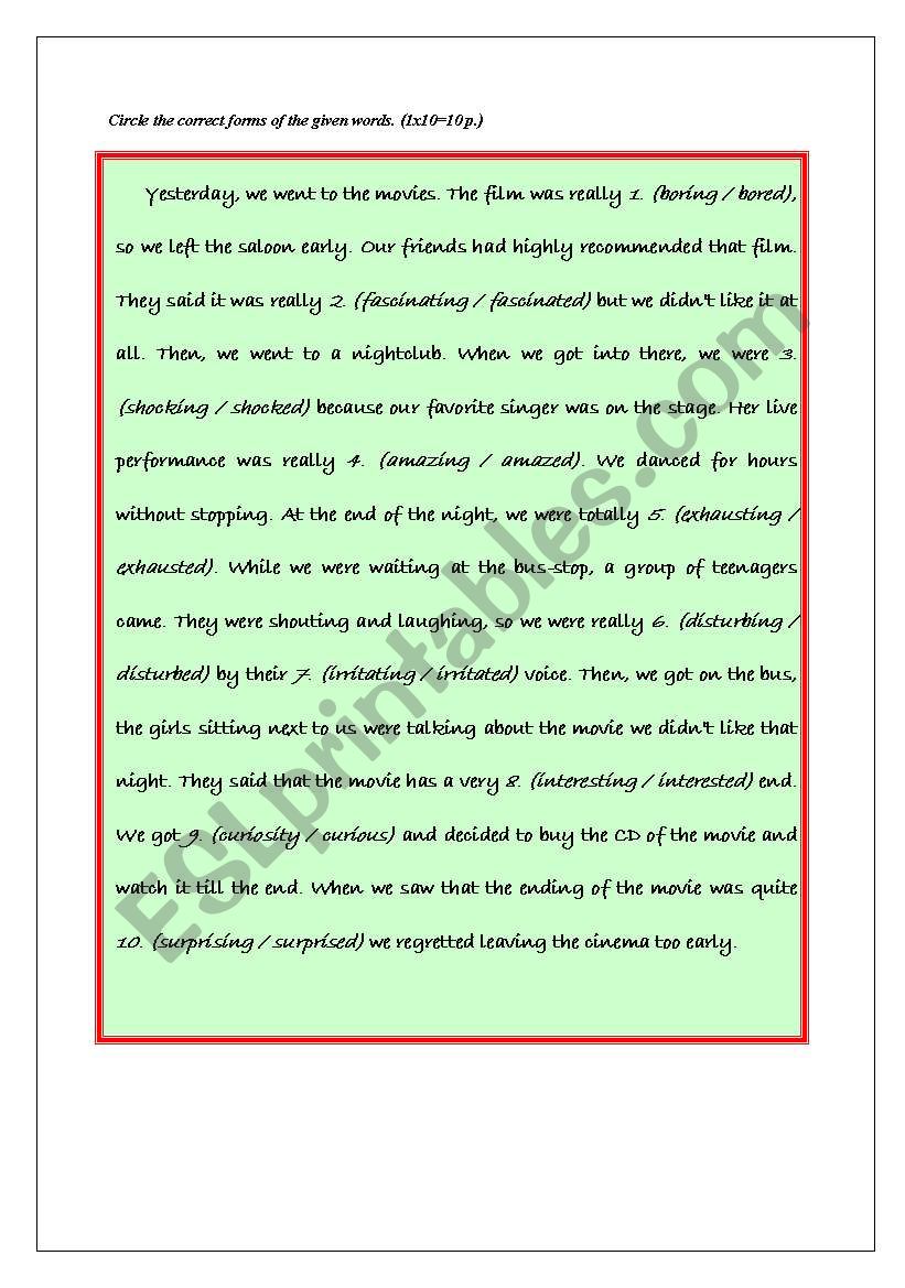 -ed & -ing adjectives worksheet