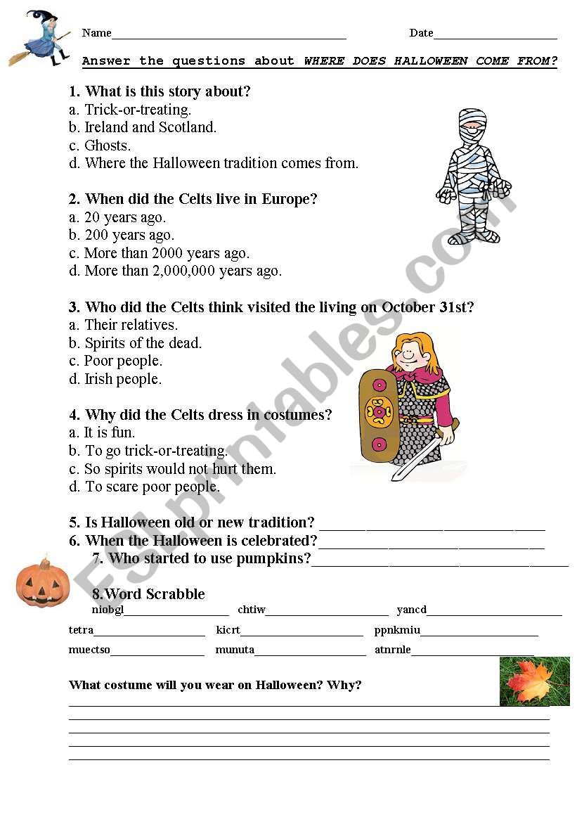 Halloween history - test worksheet
