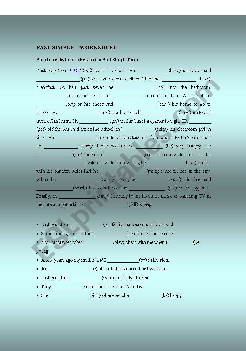 Past Simple Tense Worksheet worksheet