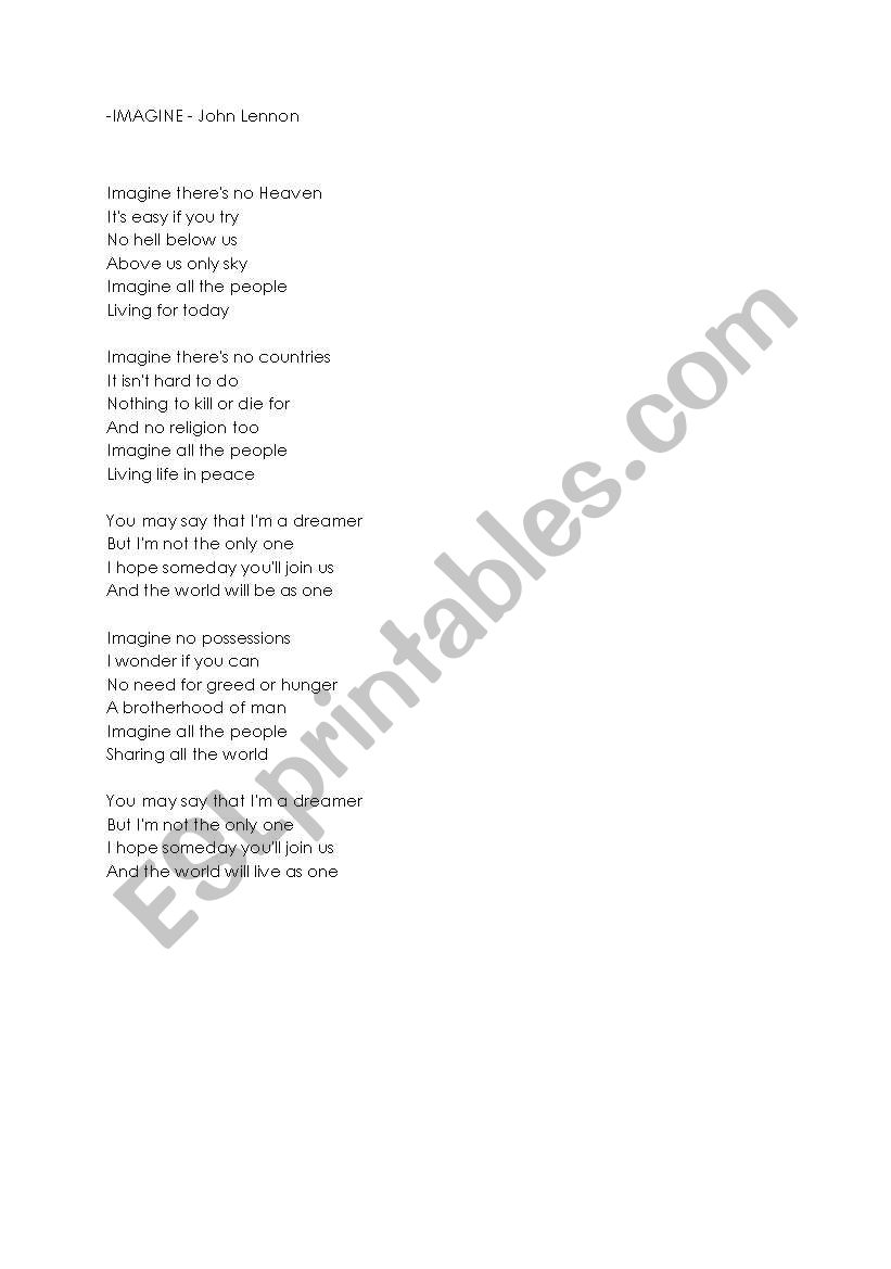 John Lennon Imagine worksheet