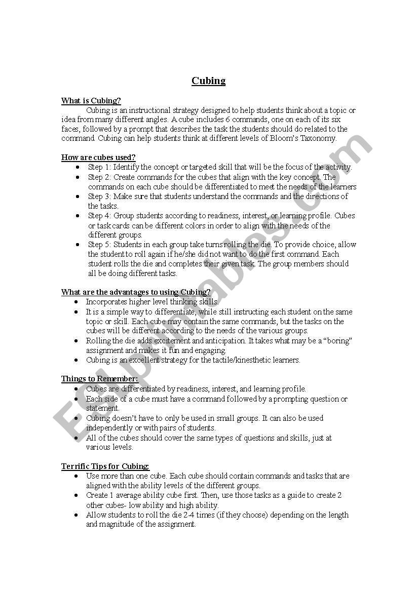 Cubing worksheet