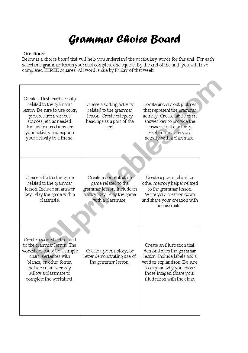 Grammar Choice Board worksheet