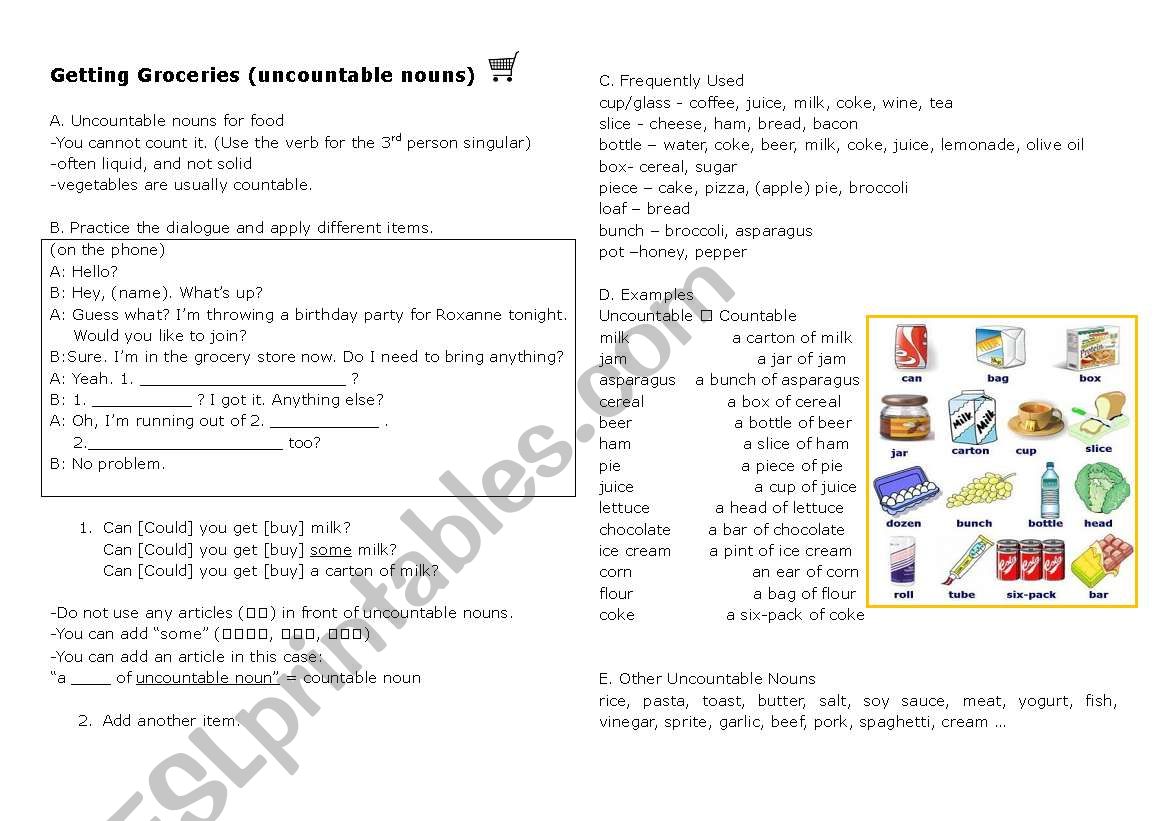 uncountable nouns for food worksheet